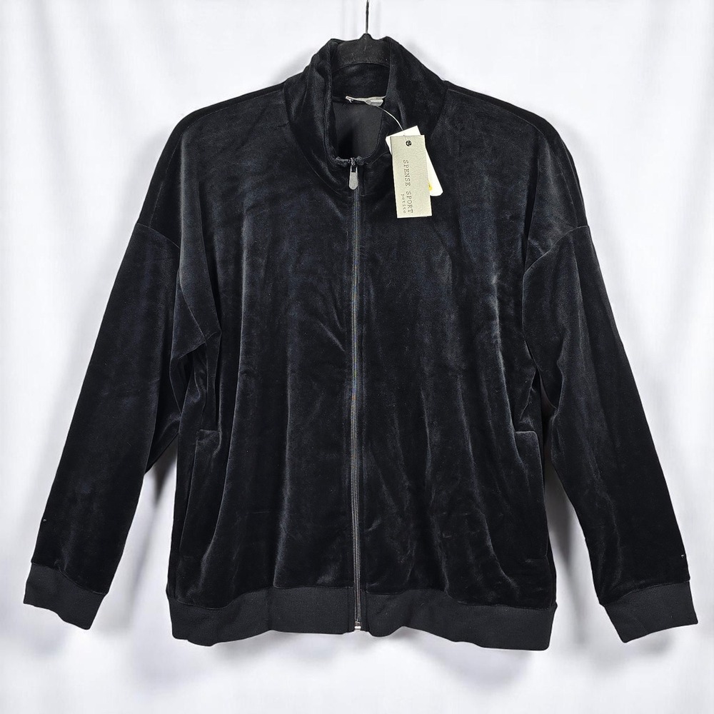 Spense Sport Velour‎ Track Jacket Full Zip Woman Petite Medium Black Relaxed Fit